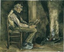 Farmer at Fireside Reading - van Gogh Watercolor